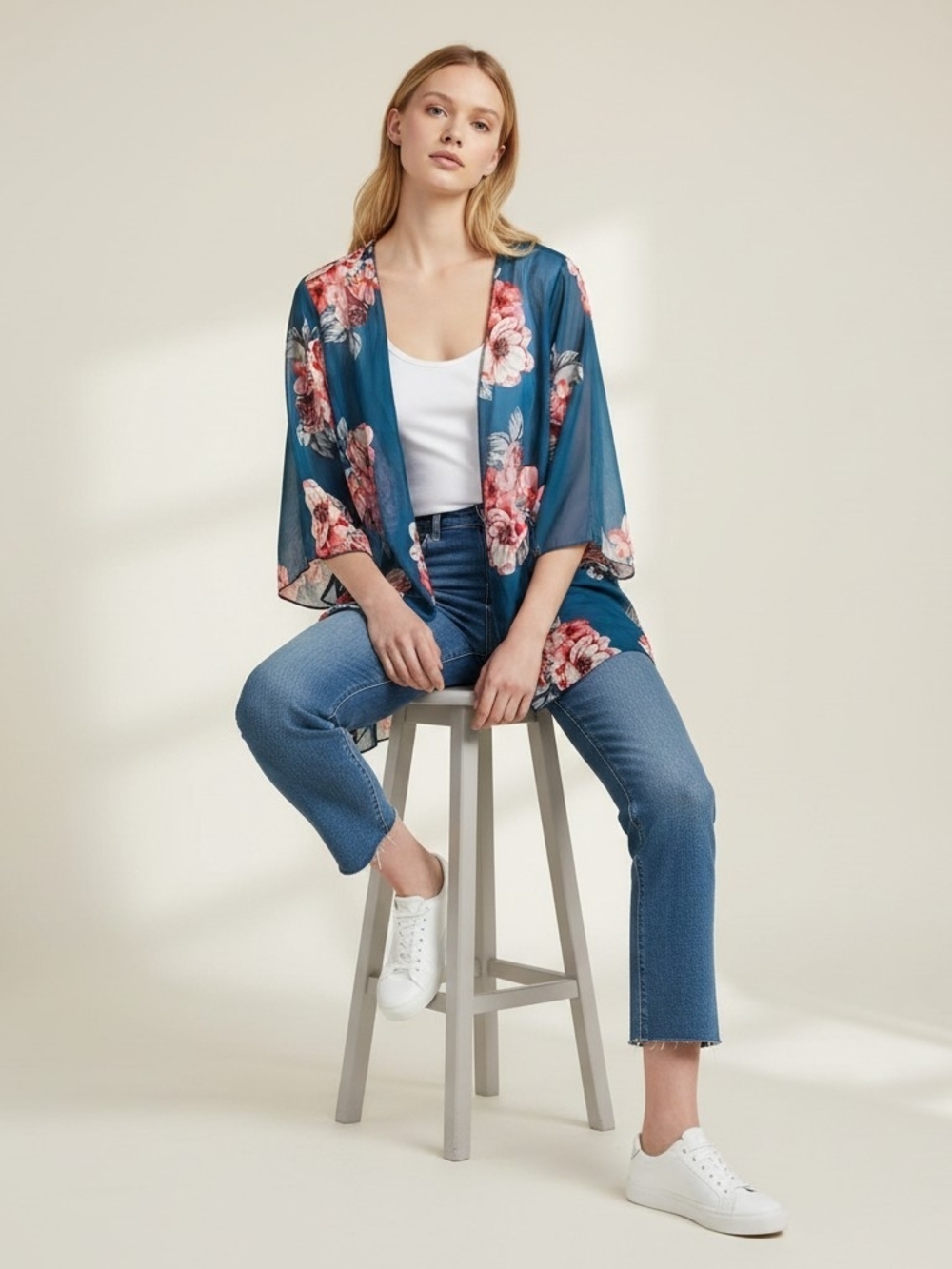 Floral Sheer Kimono Cardigan - Teal with Pink Floral